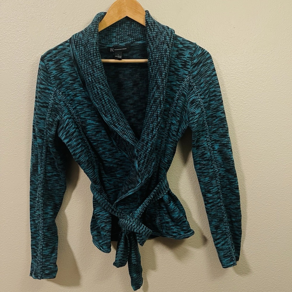 INC Knit Shawl‎ Blazer Cardigan & Tie Cotton Blend Teal Black Y2K Grunge Sz L